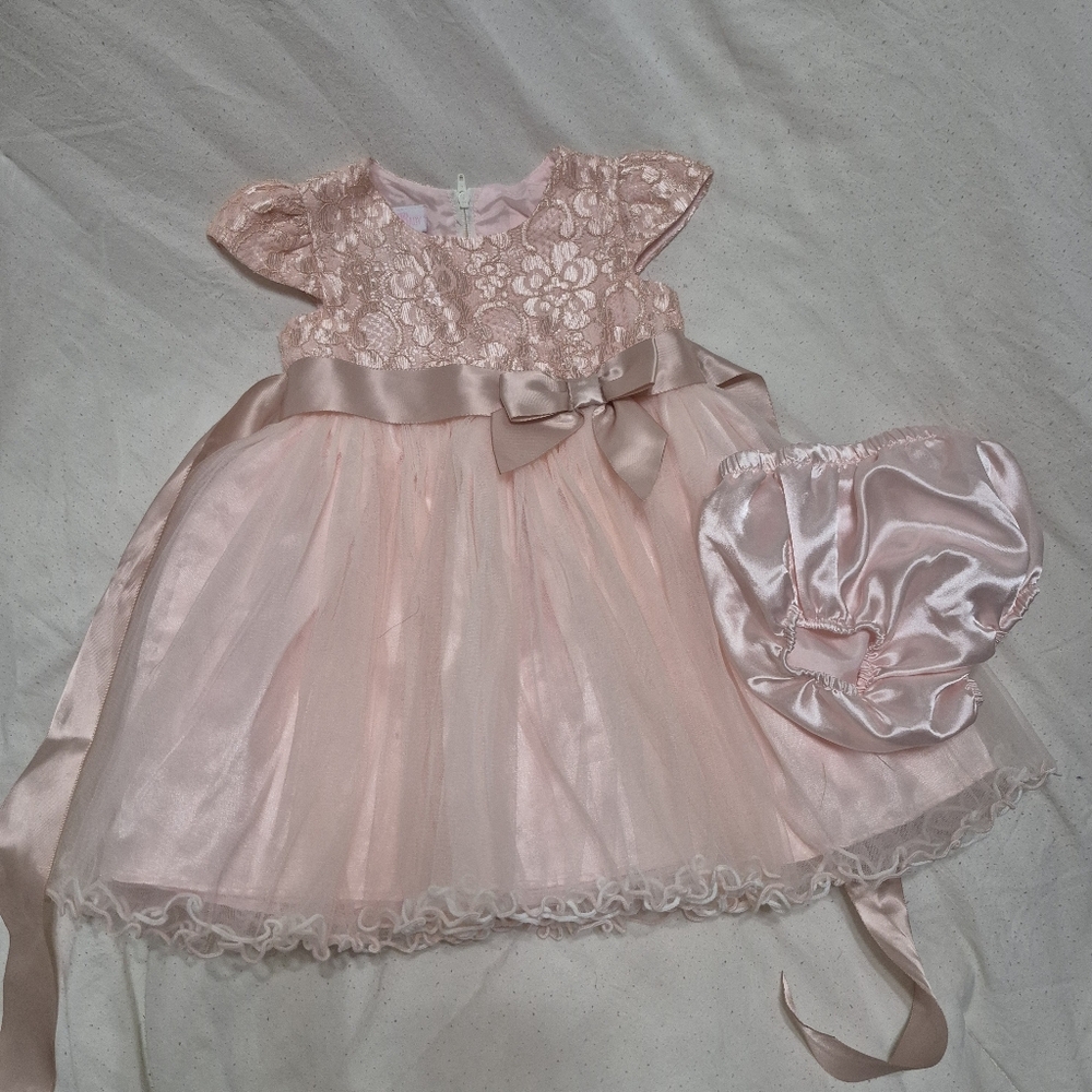 Bonnie Baby Blush Lace Dress with Satin Bow